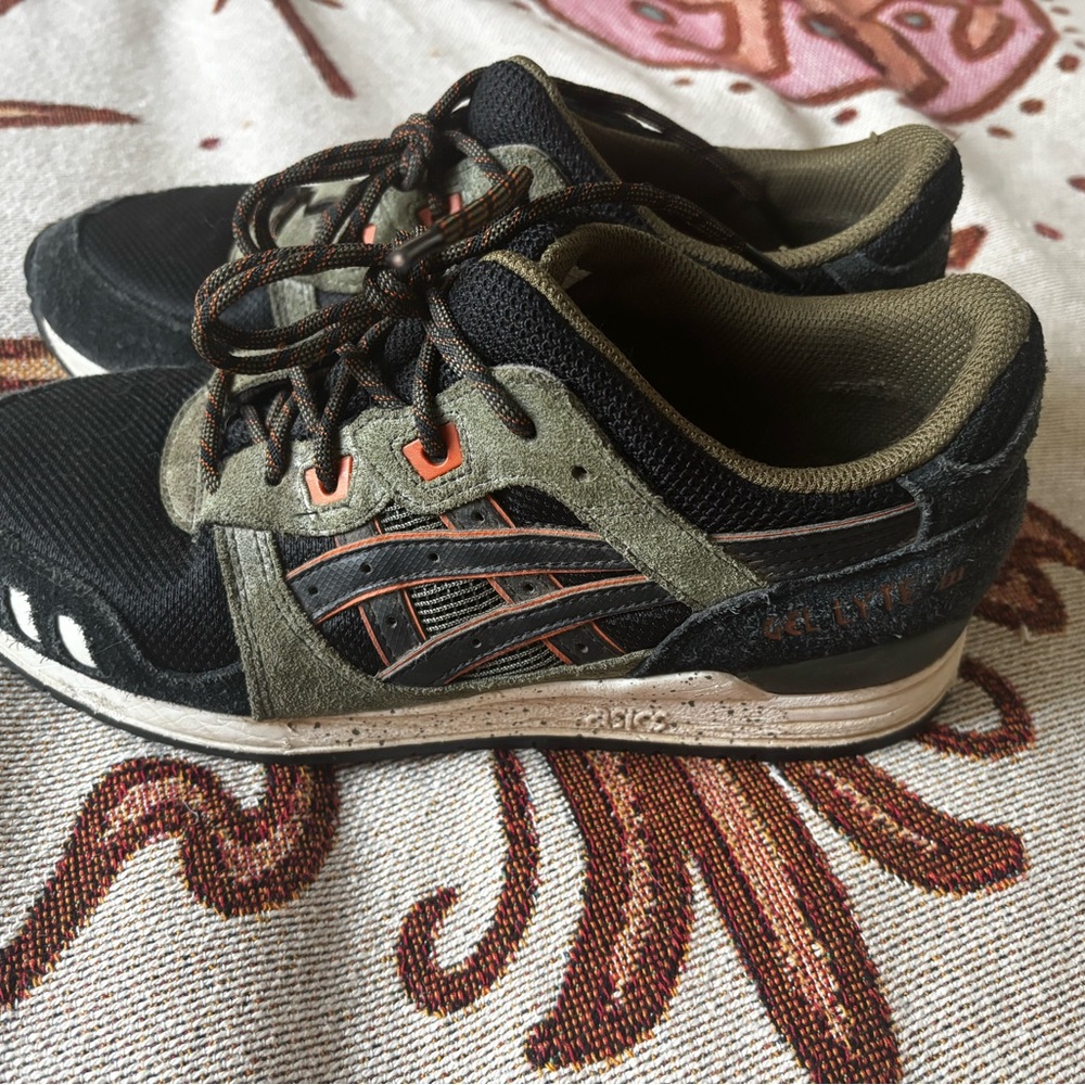Asics Women’s Athletic Suede Retro Sneakers in Black, Olive, with Orange Accents